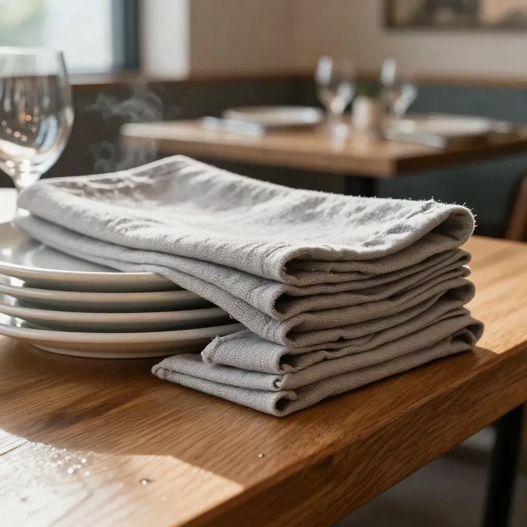 Empty restaurant set for lunch with linen, plates, glassware and a warm wood host ledge.
