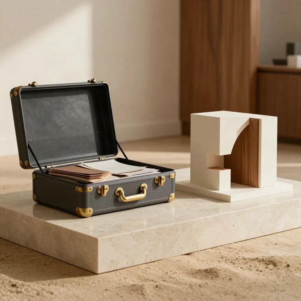 Open pitch materials with brass samples and a small architectural model on travertine.