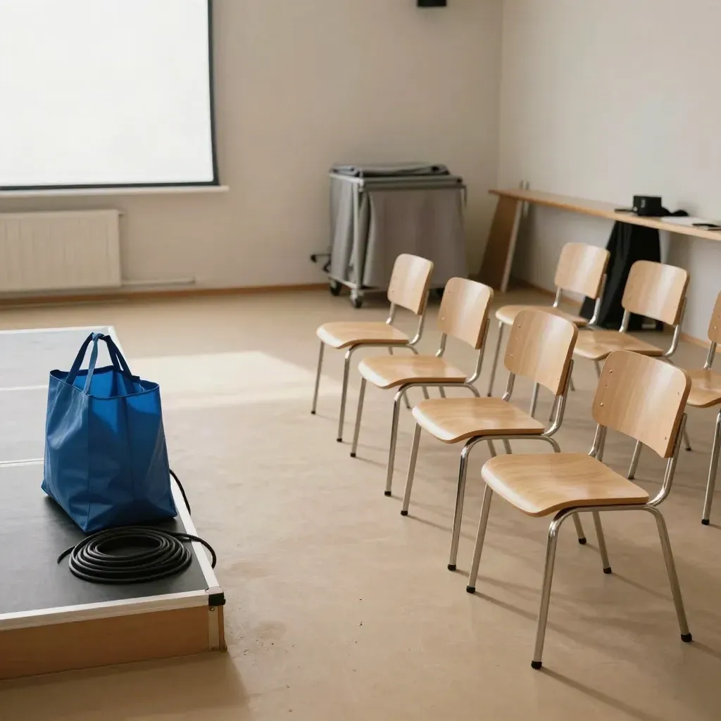 Workshop launch room with aligned chairs, sail-blue tote and cable by a stage edge.