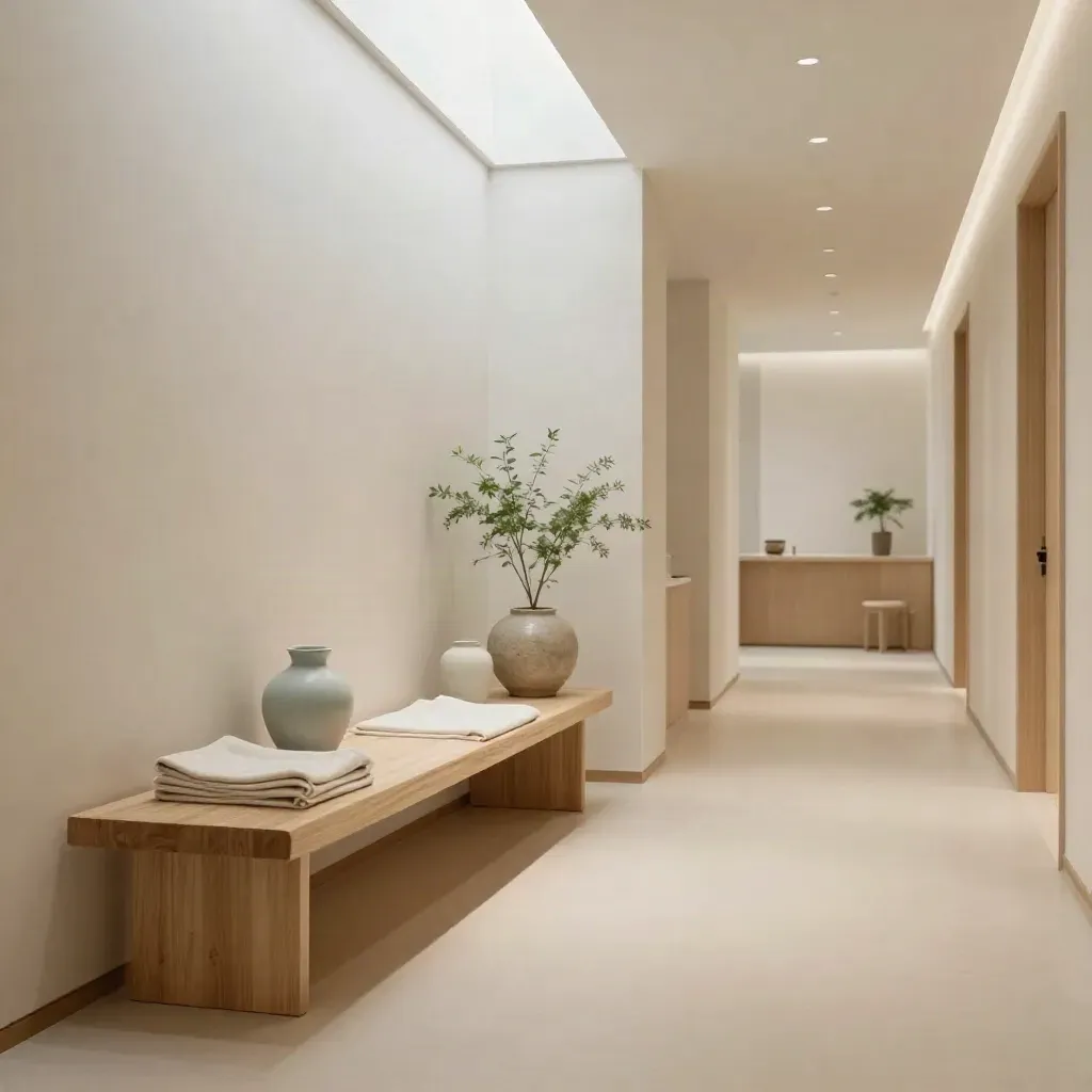 Calm clinic waiting nook with pale wood bench, linens, ceramic vessels and a stone planter.