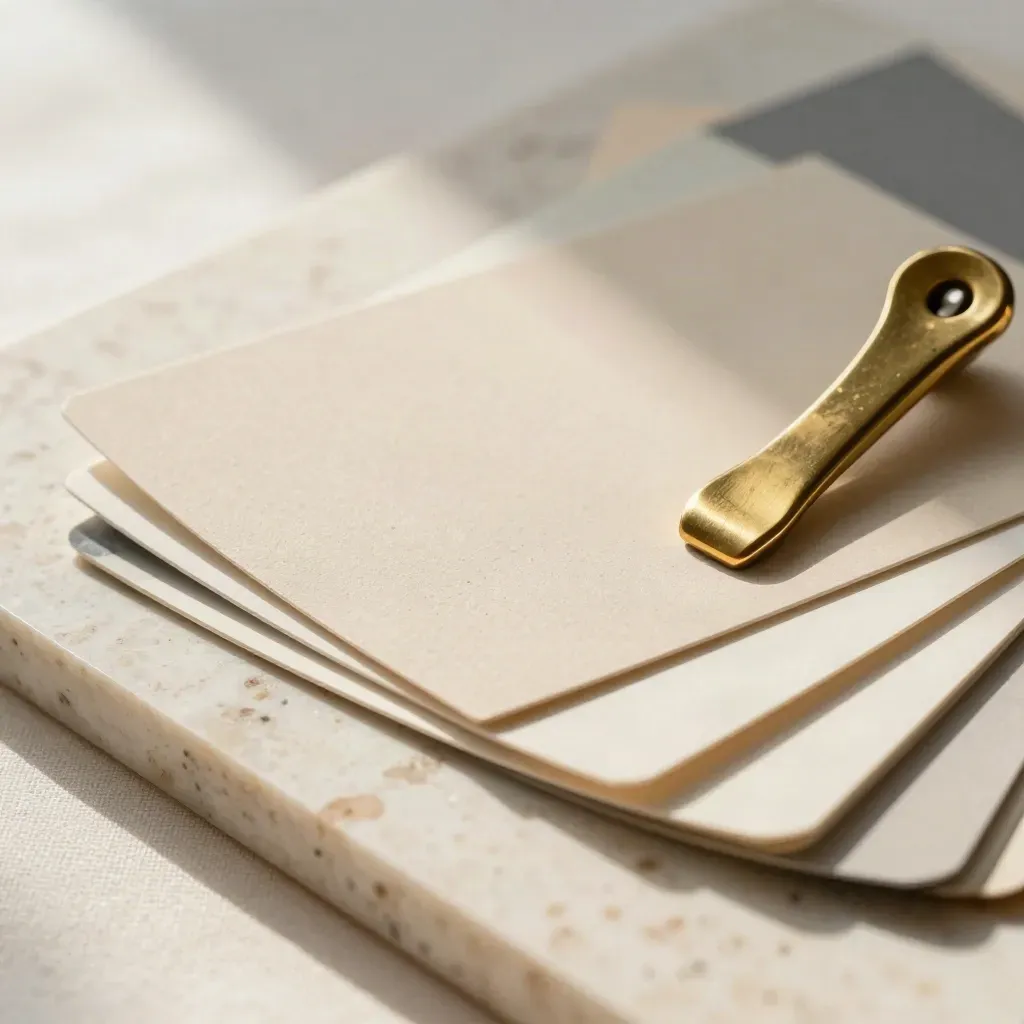 Macro of paper swatches, enamel chips, and brass clip on pale travertine.