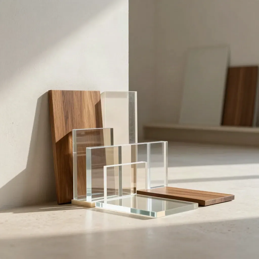 Clear acrylic layout tiles and modular page blocks on travertine in soft studio light.