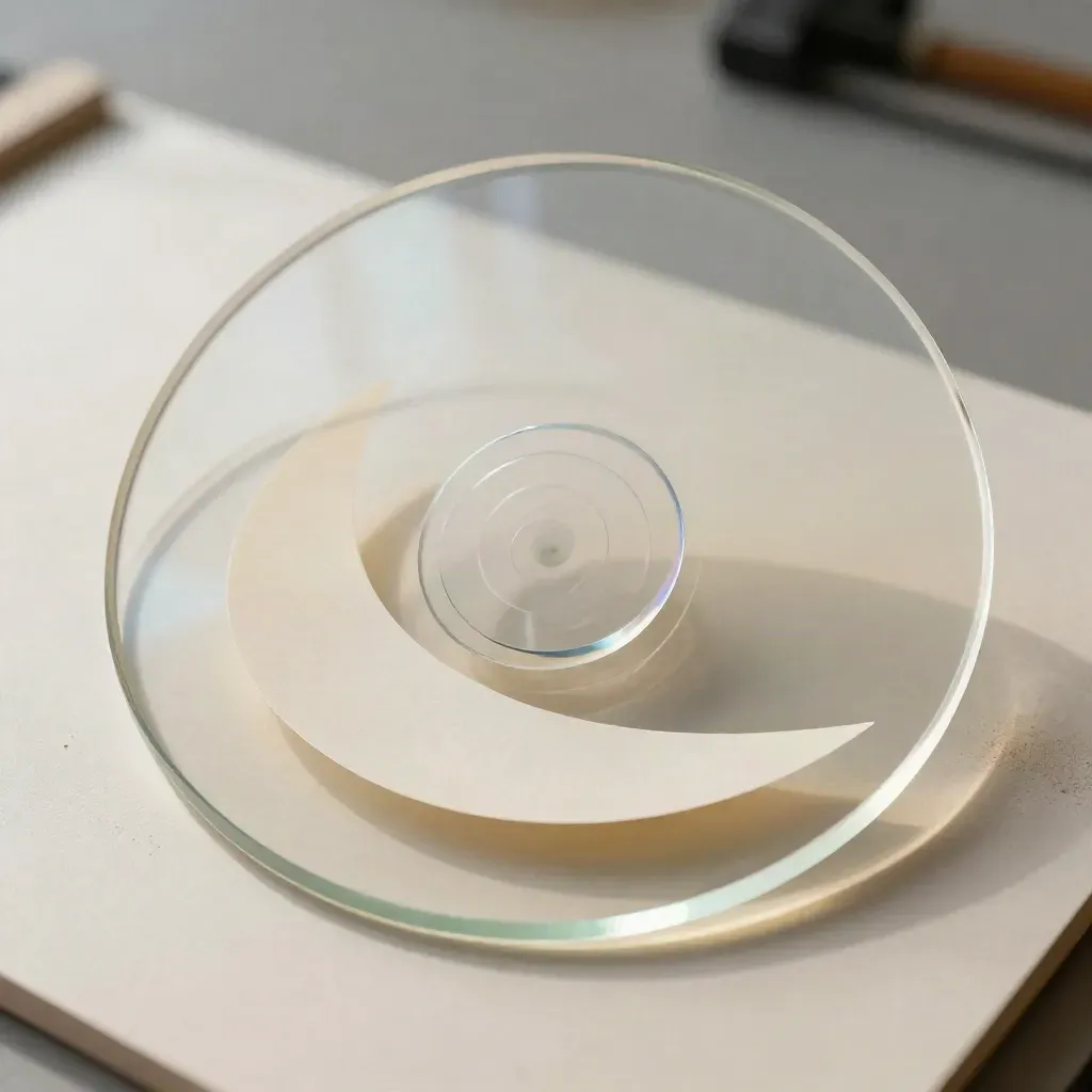 Macro of acrylic disc, paper geometry, and translucent gel sheet with sky-blue refractions.