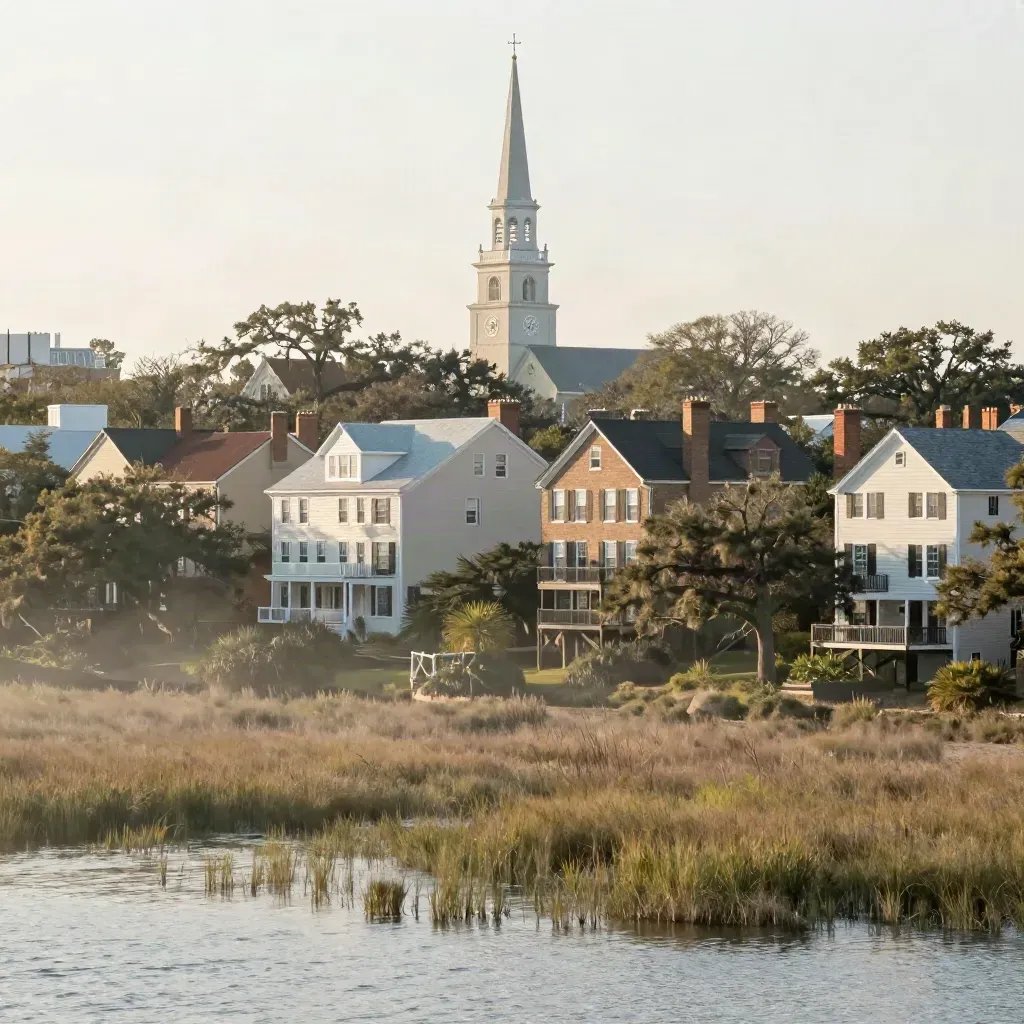 Charleston row houses and steeple above a hazy marsh at dawn