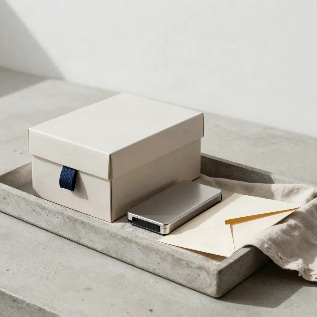 Sealed archival box, external drive, and folded envelope arranged on a stone tray.