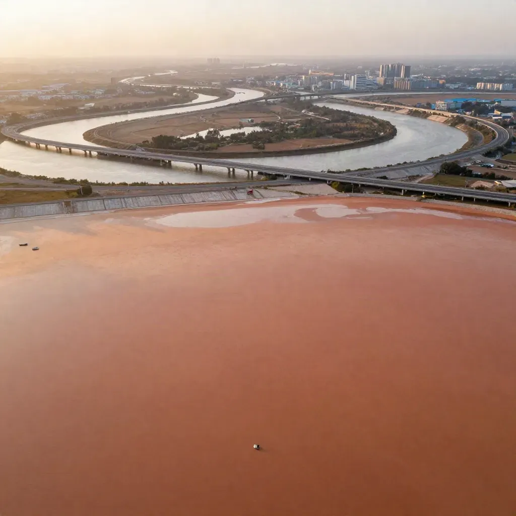 Aerial of river bends, highways and skyline under golden haze with calm copy space below.