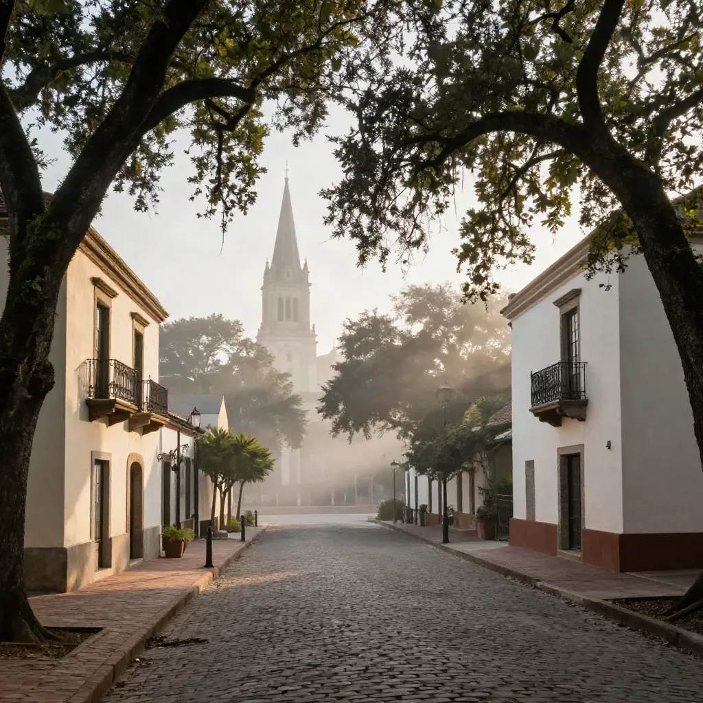 Sunrise Savannah square with mossy oaks, iron balconies and a distant cathedral spire.