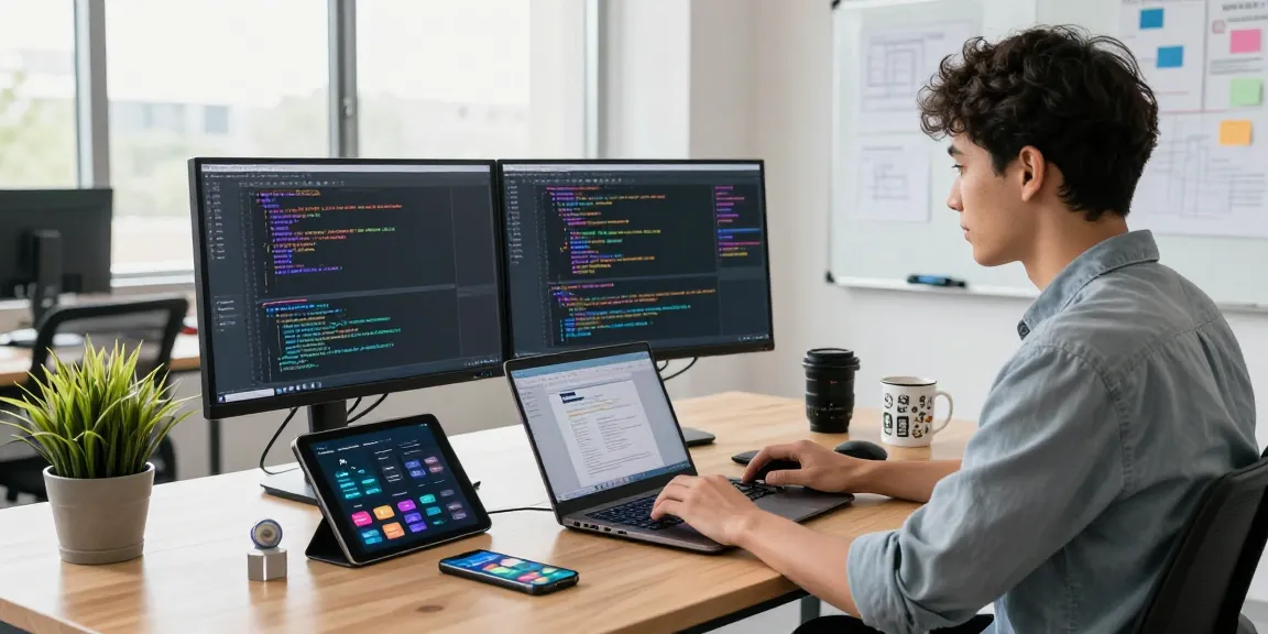 A young developer coding on dual monitors in a tech workspace, showcasing the features of 纸飞机中文版 with coding tools and gadgets.