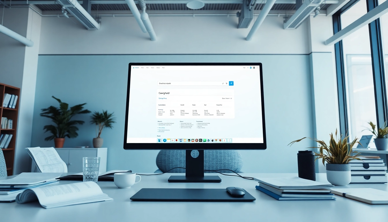 Utilize enterprise search tools efficiently within a modern workspace, showcasing innovative technology.