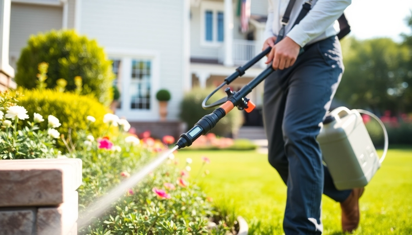 Engaging perimeter pest treatment application by a technician around a home, ensuring pest safety.
