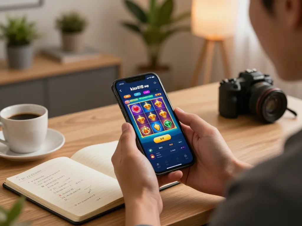 Kiss918 apk displayed on smartphone screen with a player engaged in mobile casino gaming strategies.