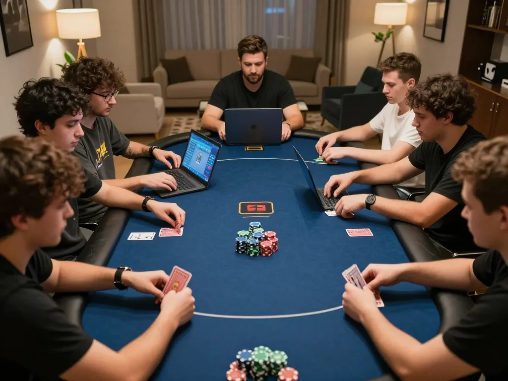 TG88 players engaged in an intense online poker game, showcasing chips and cards.