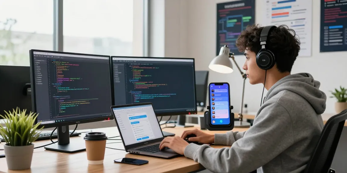 Focused developer coding telegram中文版 interface on multiple monitors in a bright office.
