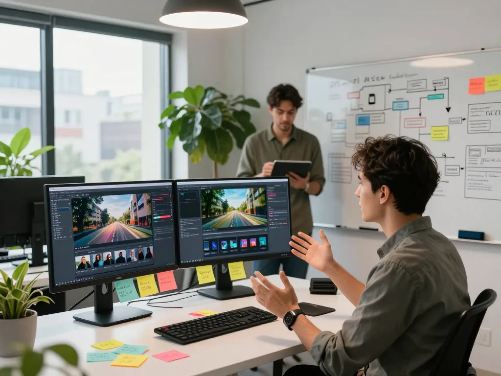 Creating stunning videos with ai seedance 2.0 in a modern tech workspace filled with vibrant visuals.
