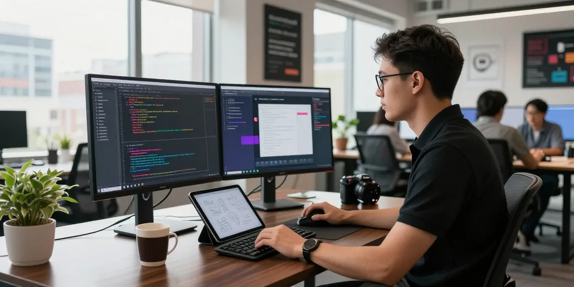 Software engineer coding cika4d on dual monitors in a modern office environment