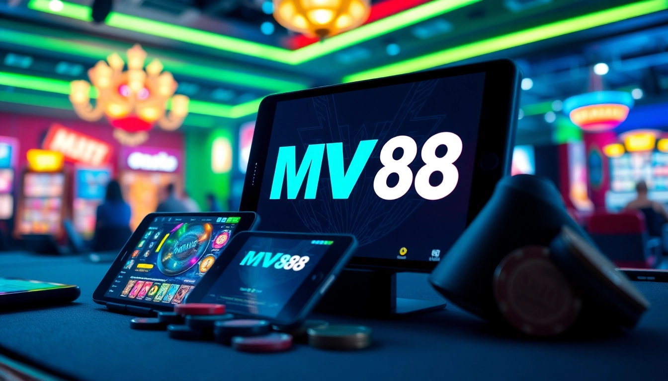 Engaging scene of players enjoying the MV88 game with modern online gambling elements.