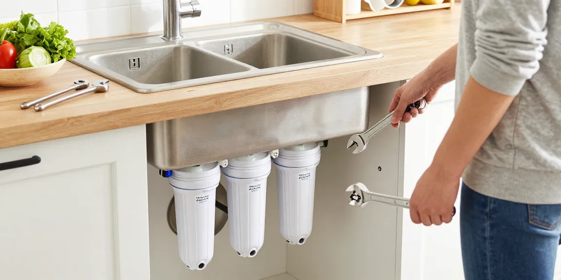 Installing the Waterdrop FQK1R, GXULQR Under Sink Replacement Filter in a bright kitchen setting.