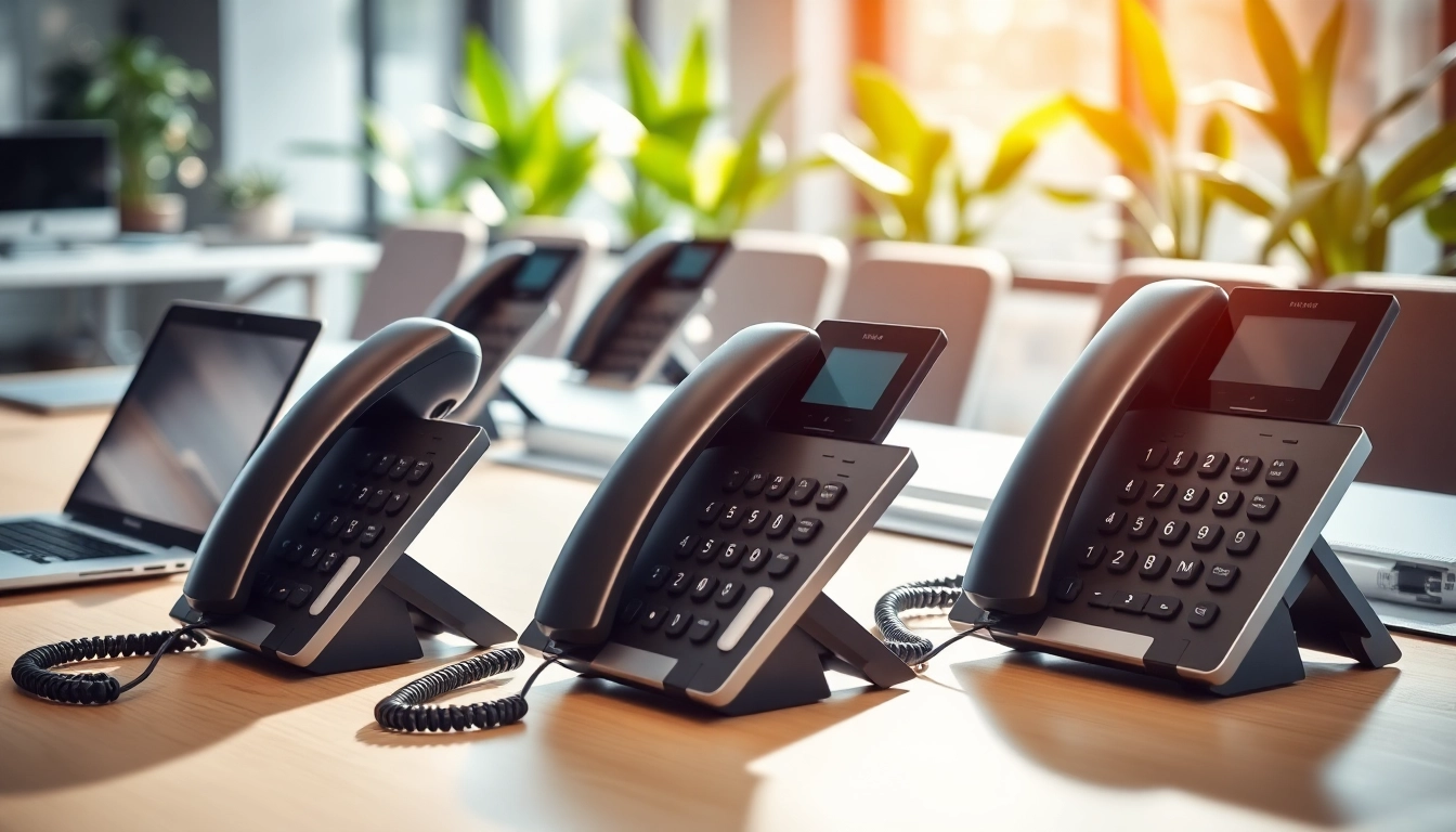 Explore telephone systems in a modern office with advanced features and sleek designs.