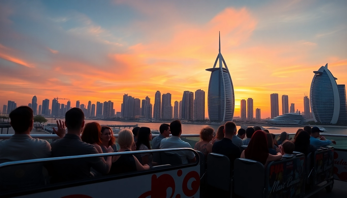 Experience the Dubai city tour itinerary with a vibrant tour bus against the stunning skyline.