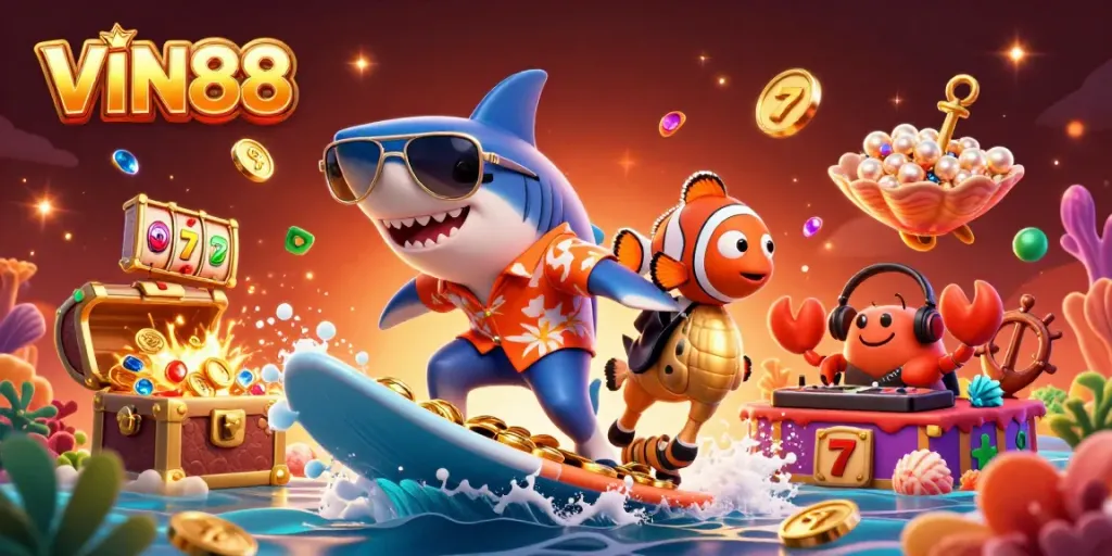 Experience thrilling casino action with VIN88, a vibrant 3D scene showcasing a shark and clownfish in a jackpot.