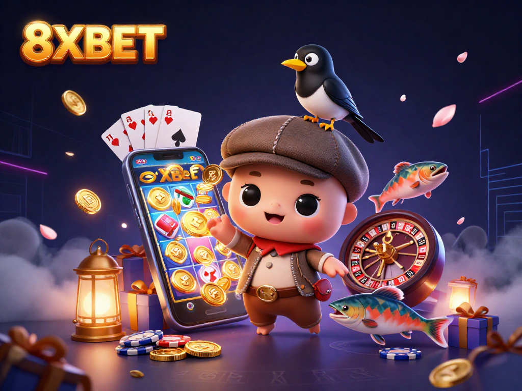 Experience the fun of gaming with 8XBET's vibrant casino illustration featuring interactive elements.