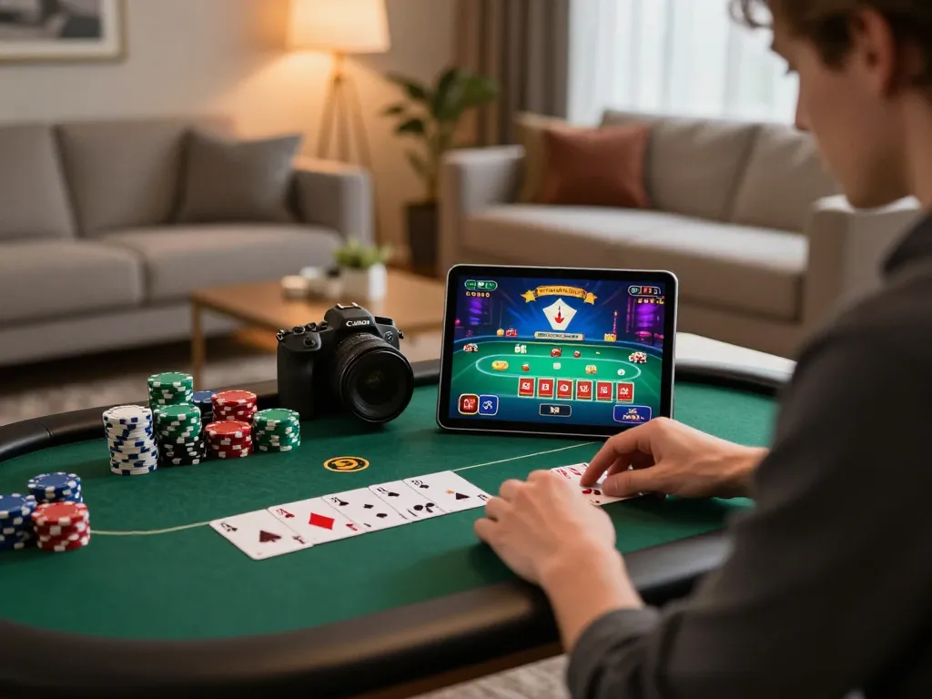 TG88 player engaging in an online casino poker game from a stylish home setup, showcasing strategic gameplay.