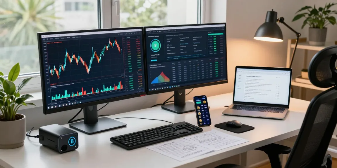 Mining bitcoin online in a high-tech trading workspace with multiple screens displaying crypto data, digital wallet, and detailed charts.