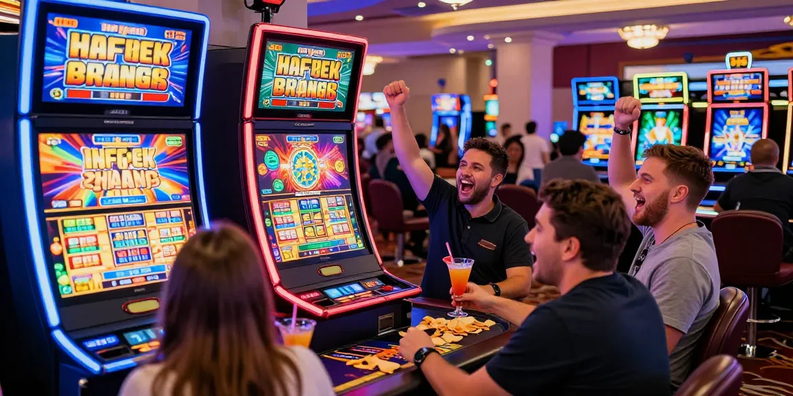 Players celebrating a win on a slot gacor machine surrounded by colorful graphics in a lively casino.