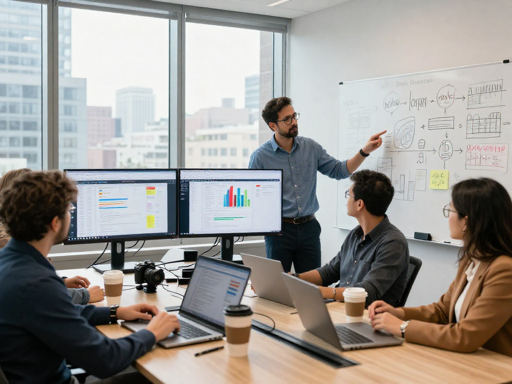 Dynamic meeting of a political direct mail company strategizing using voter data and analytics in a modern office