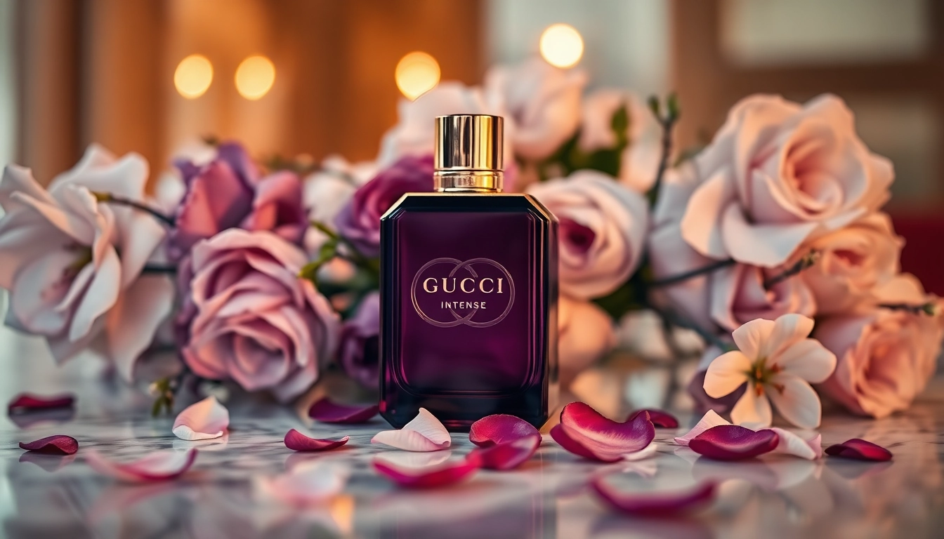 Showcase gucci guilty intense perfume bottle with floral elements for a luxurious presentation.