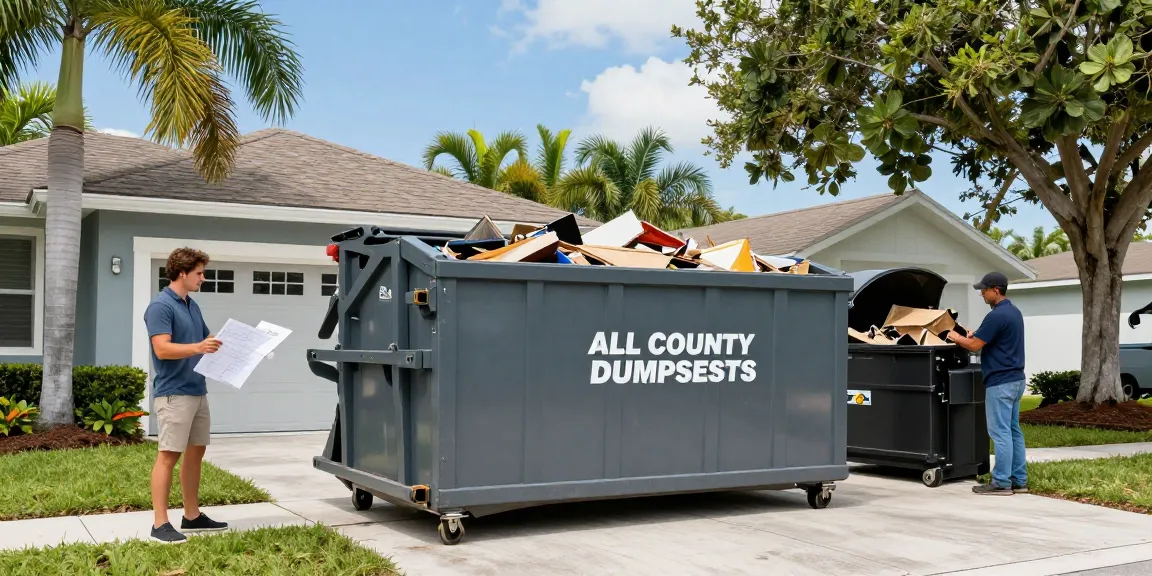 Reliable dumpster rental in Cape Coral FL, with a homeowner and contractor efficiently using a roll-off dumpster for a renovation project.