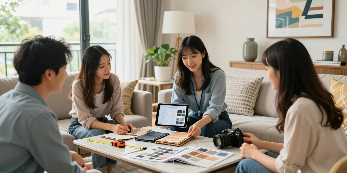 Engaging home renovation hk scene with designer and clients discussing interior design ideas in bright living room.