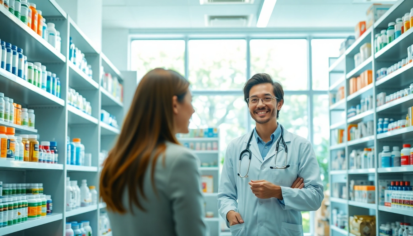 Consult a pharmacist about health products at an online pharmacy setting.