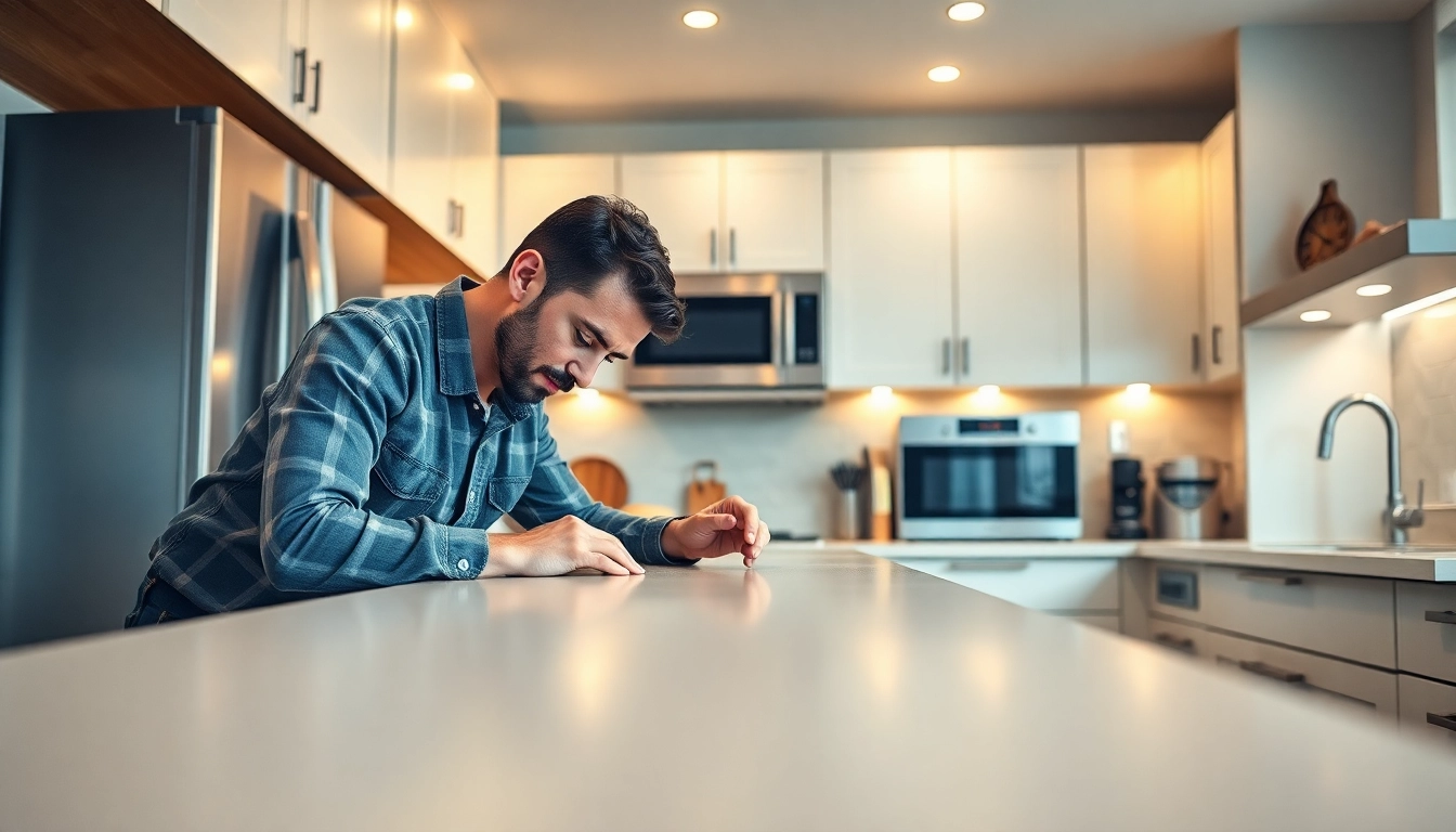 Kitchen installer skillfully arranging cabinets in a modern kitchen.