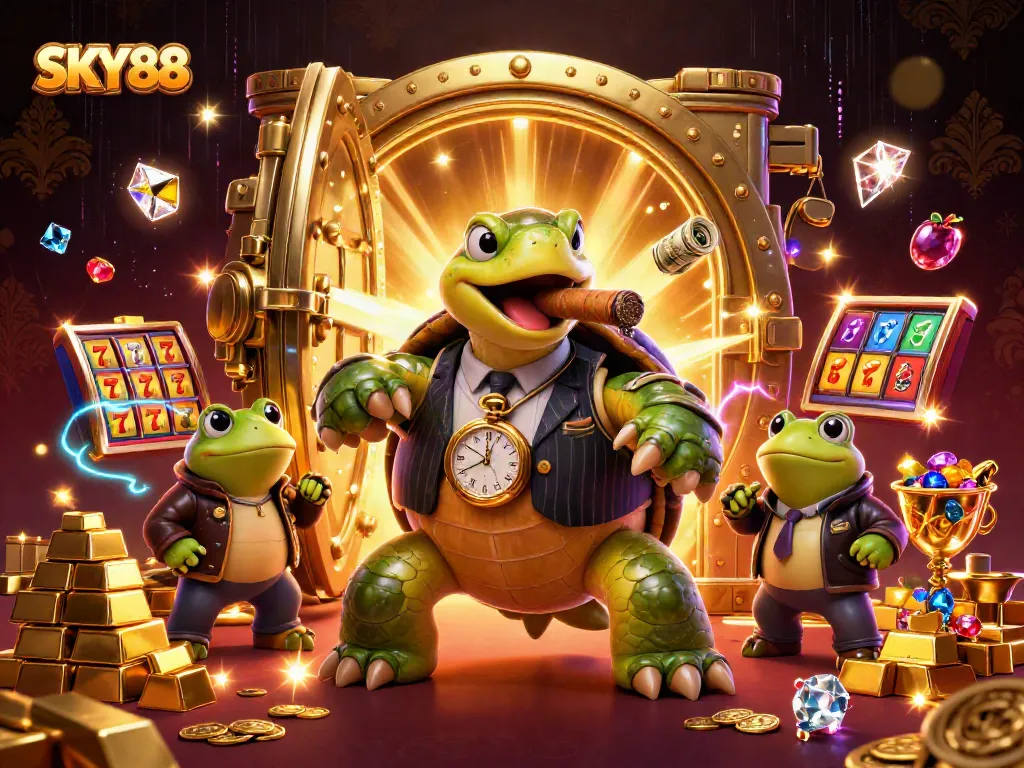 Experience thrilling SKY88 casino action with vibrant characters and rich treasures in a dynamic 3D scene.