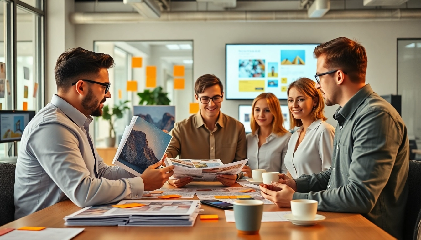 Engaged professionals crafting strategies for a direct mail company in a creative workspace.