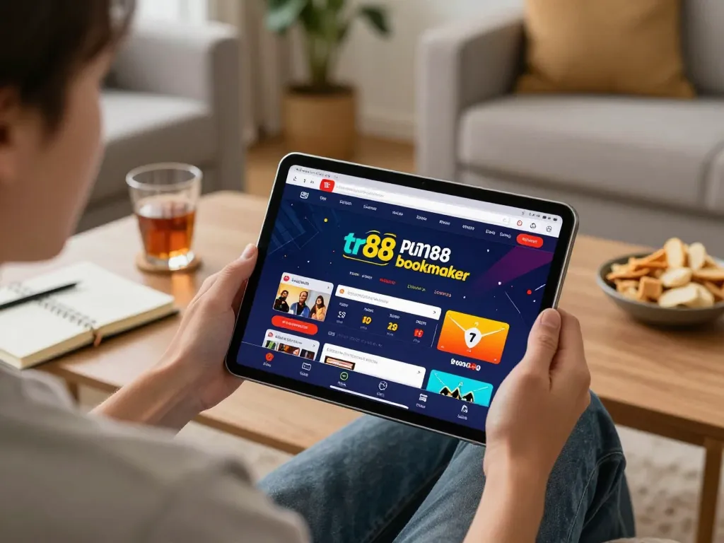 Engaging online betting experience with tr88 bookmaker, featuring a cozy home gaming setup and vibrant tablet interface.