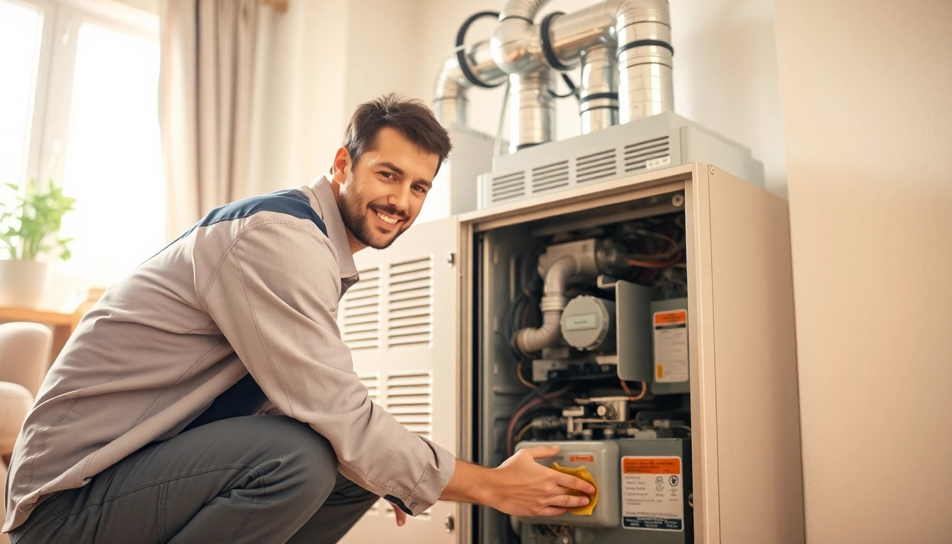 Skilled technician providing furnace maintenance services in a clean, inviting home environment.