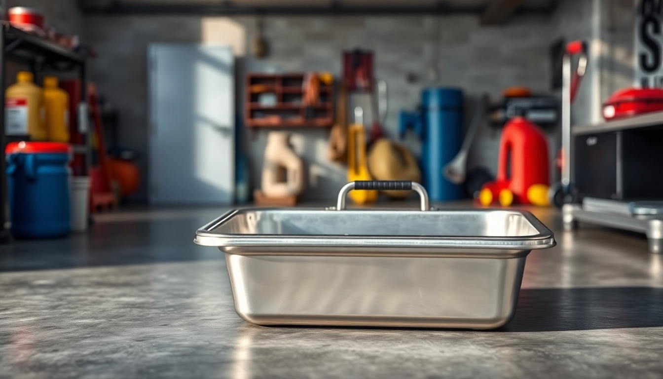 Efficient oil drain pan with an ergonomic design showcased in a clean garage setup.