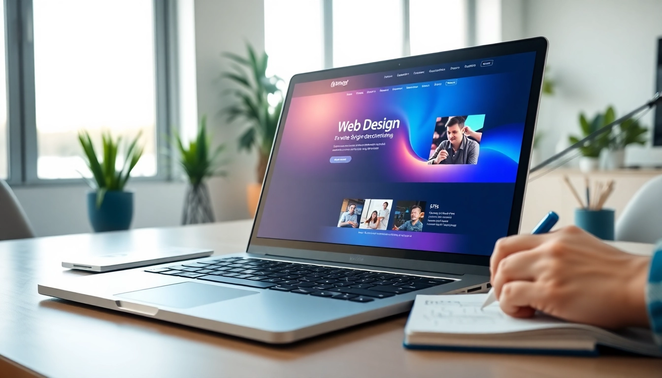 Showcase of Edmonton web design with laptop and creative workspace elements.