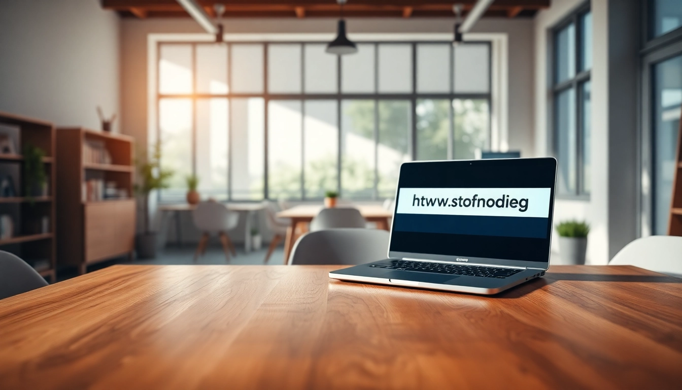 Werkruimte met laptop die https://www.stofnodig.nl toont, moderne inrichting en natuurlijke verlichting.