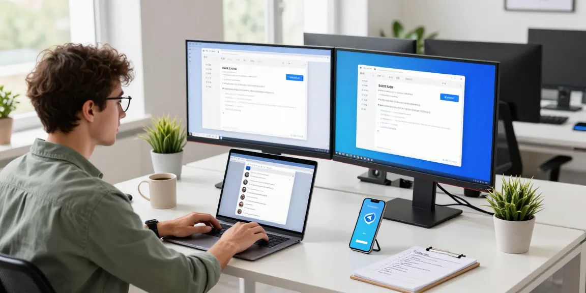 Developer engaged with telegram中文版 interface on dual monitors in a modern office.