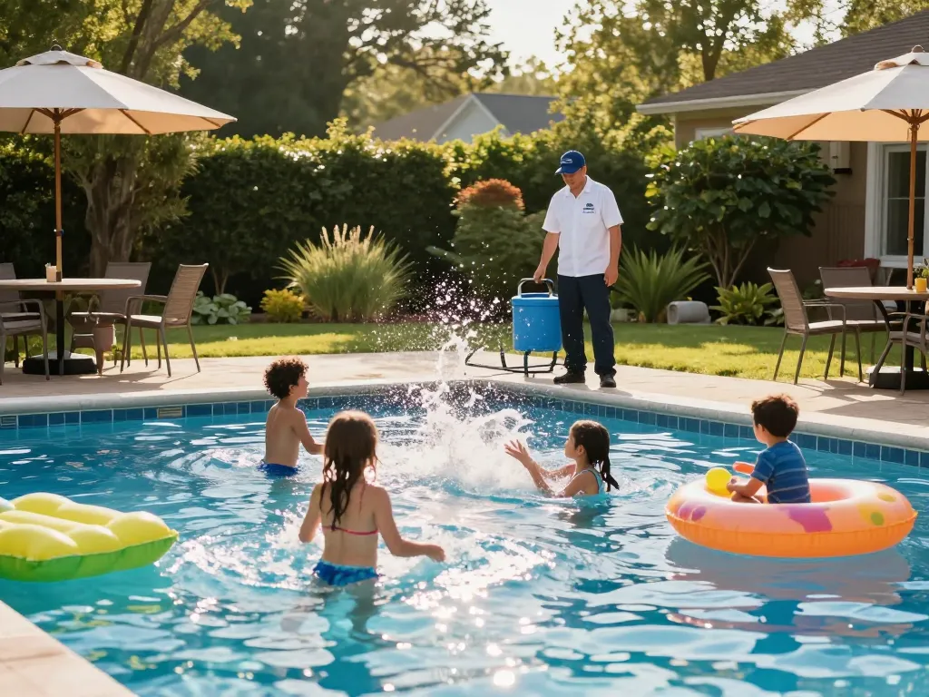 Dolphin Pool Services offering expert maintenance by family pool with joyful children enjoying a sunny day.