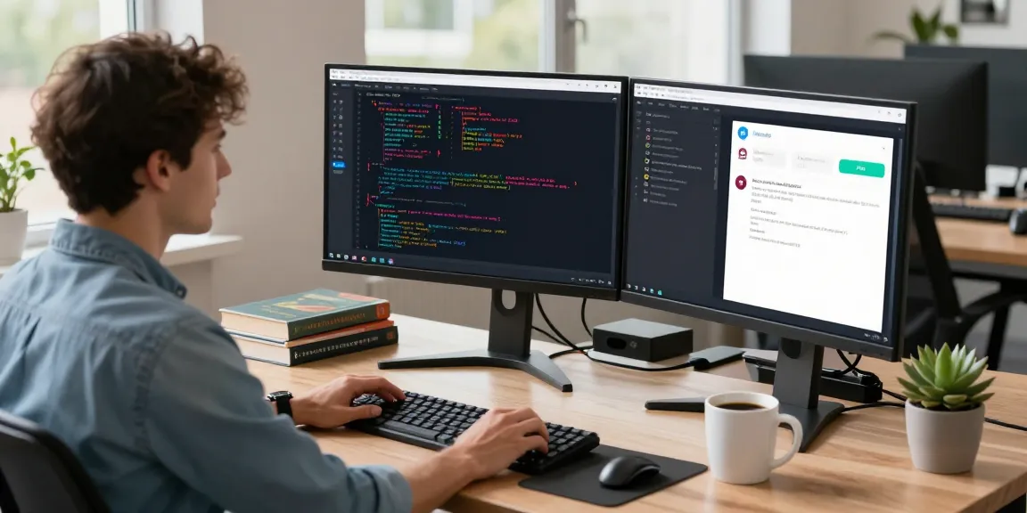 Developer using telegram中文版 on dual monitors in a modern workspace with vibrant decor.