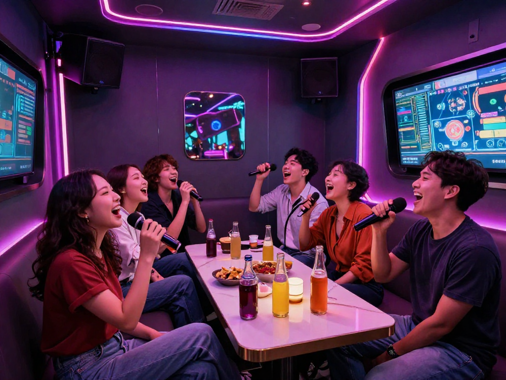 강남 타이밍의 현대적인 가라오케 룸에서 즐기는 친구들