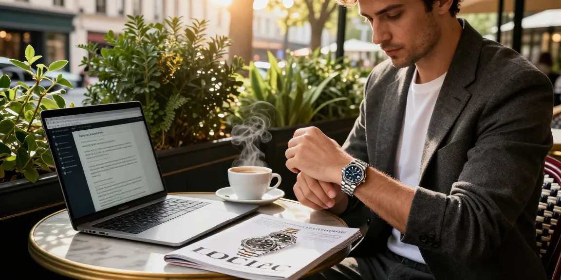 Stylish individual showcasing a Rolex replica in an upscale café, blending luxury and lifestyle.