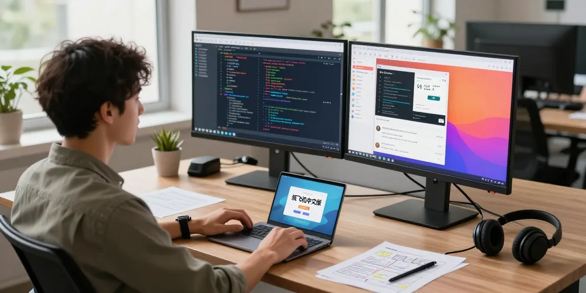 Dynamic tech workspace with dual monitors and 纸飞机中文版 interface, showcasing collaboration and productivity.