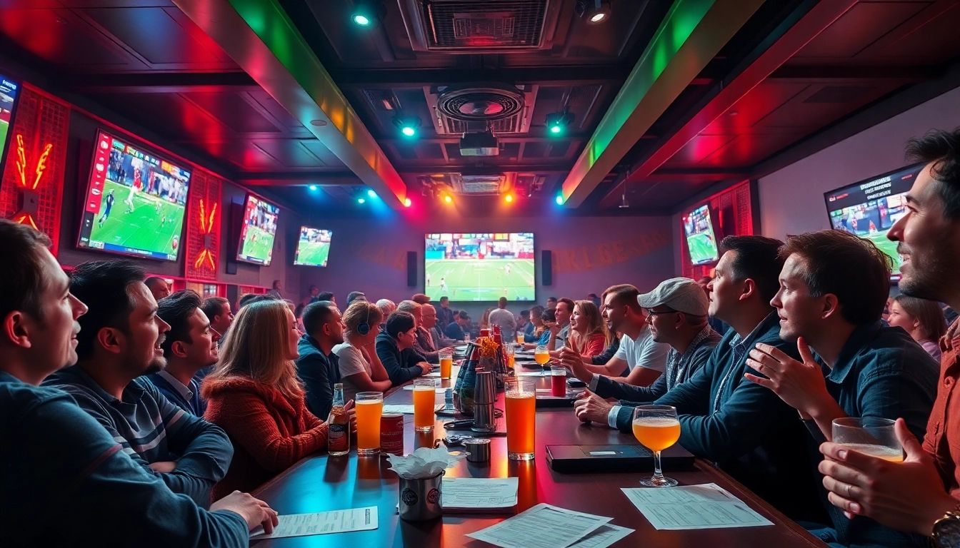 Exciting live sports betting scene at a lively sports bar during a game, capturing the thrill of 토토스토리.