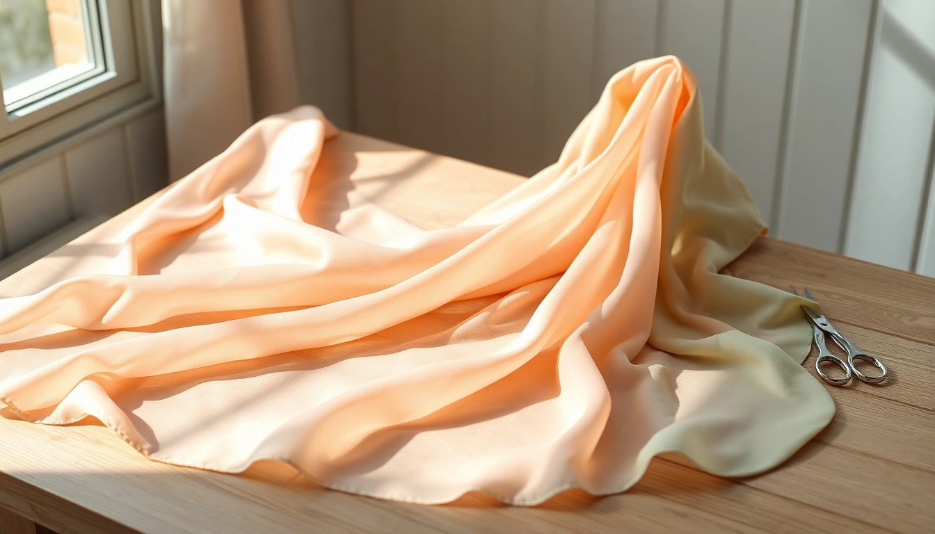 Chiffon stof met een zachte textuur op een houten tafel in pastelkleuren.