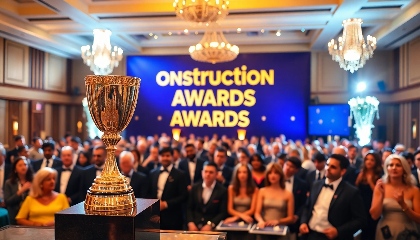 Showcase of a prestigious construction awards trophy and event attendees celebrating.